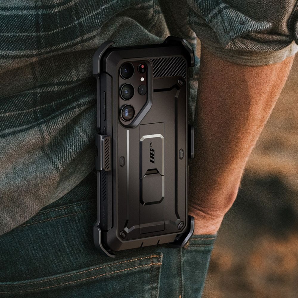 Etui pancerne z osłoną na ekran, z wbudowaną podstawką i kaburą z klipsem obrotowym Supcase Unicorn Beetle Pro do Galaxy S24 Ultra, czarne